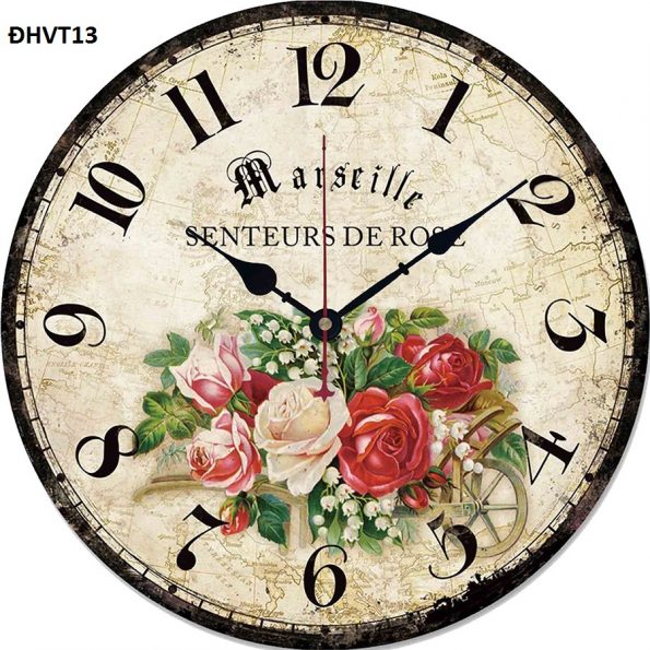 Đồng hồ vintage treo tường, độc lạ – đồng hồ gỗ vintage hoa hồng ĐHVT13