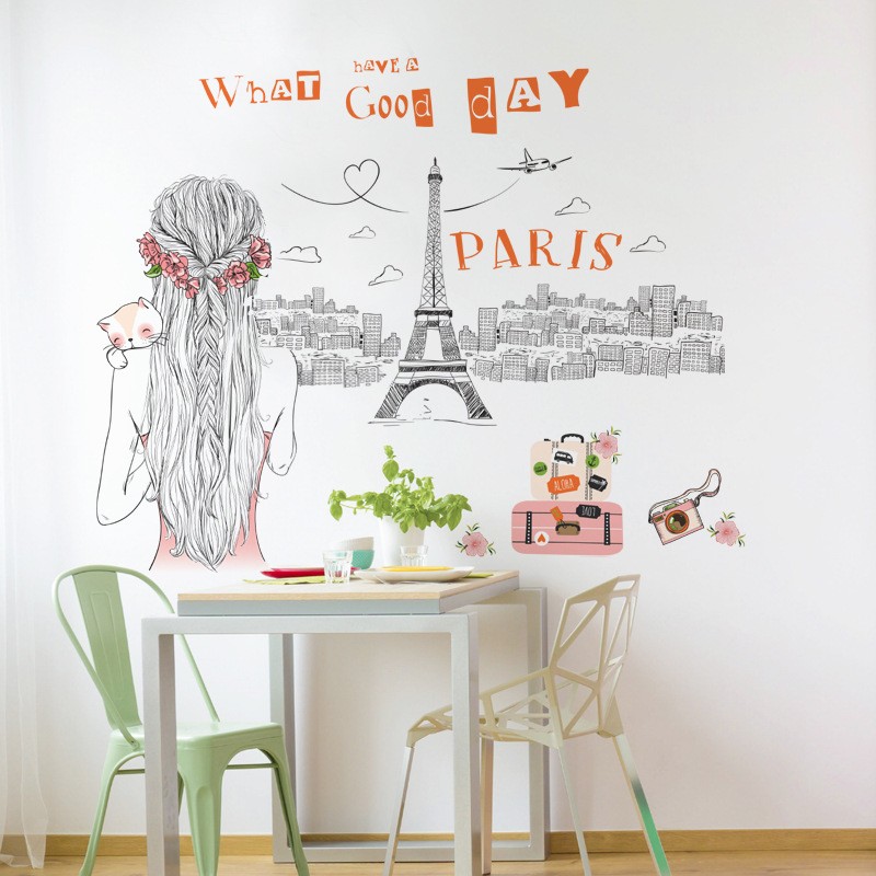 Decal dán tường đẹp giá rẻ trang trí phòng bếp nhà hàng phòng khách phòng ngủ quán cafe hình cô gái fa paris