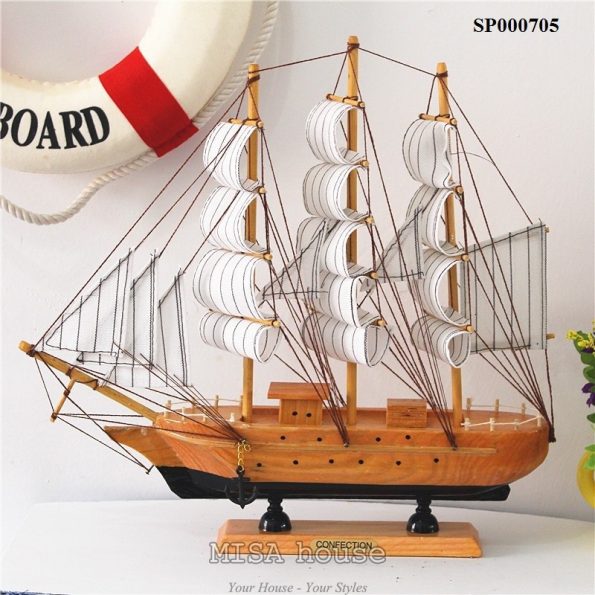 Thuyền trang trí màu gỗ size lớn dài 32cm – đồ trang trí nhà đẹp chủ đề biển