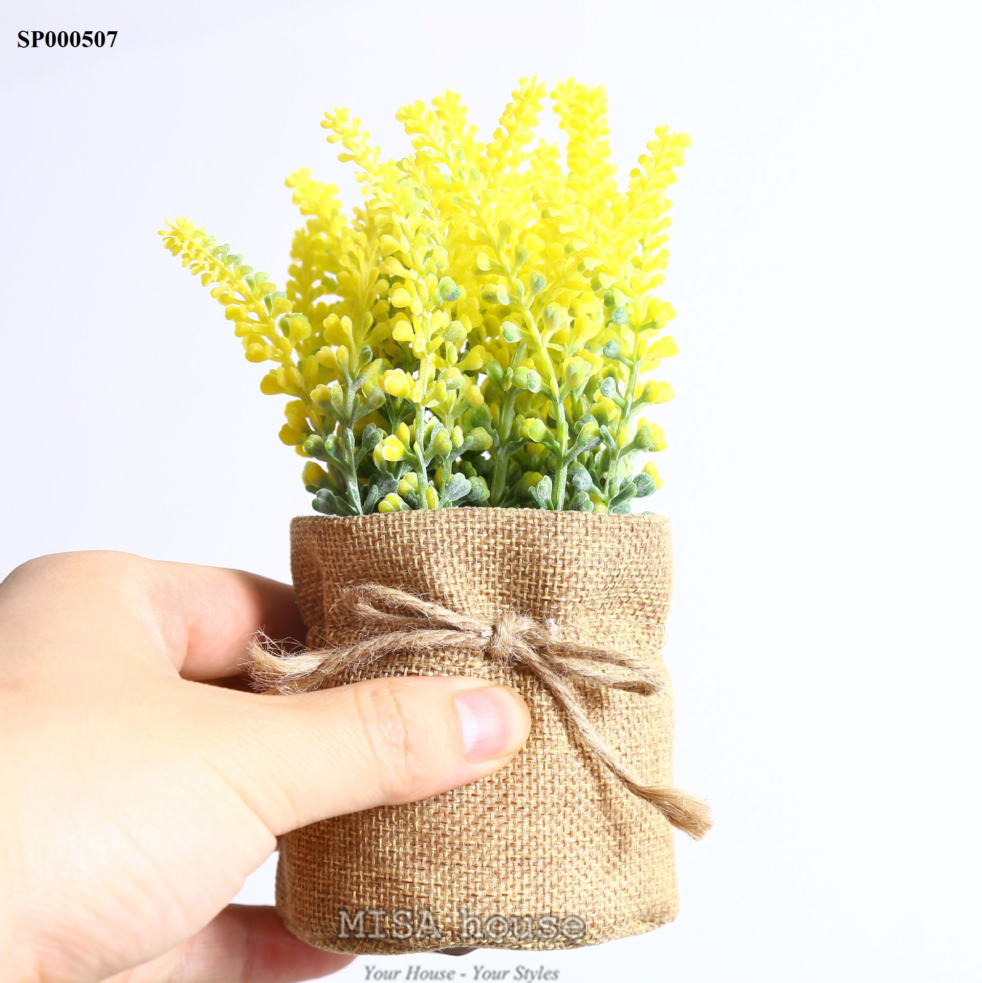 Bộ 3 bình hoa nhỏ cắm sẵn vải bố handmade siêu xinh – hoa oải hương trang trí decor đạo cụ chụp ảnh