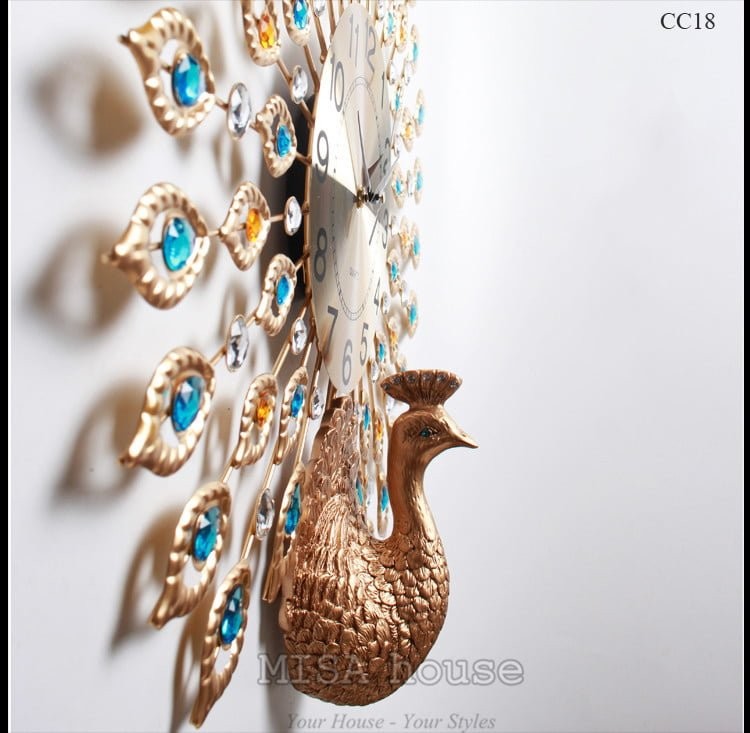 Đồng hồ chim công vàng trang trí đẹp – quà tặng tân gia cao cấp