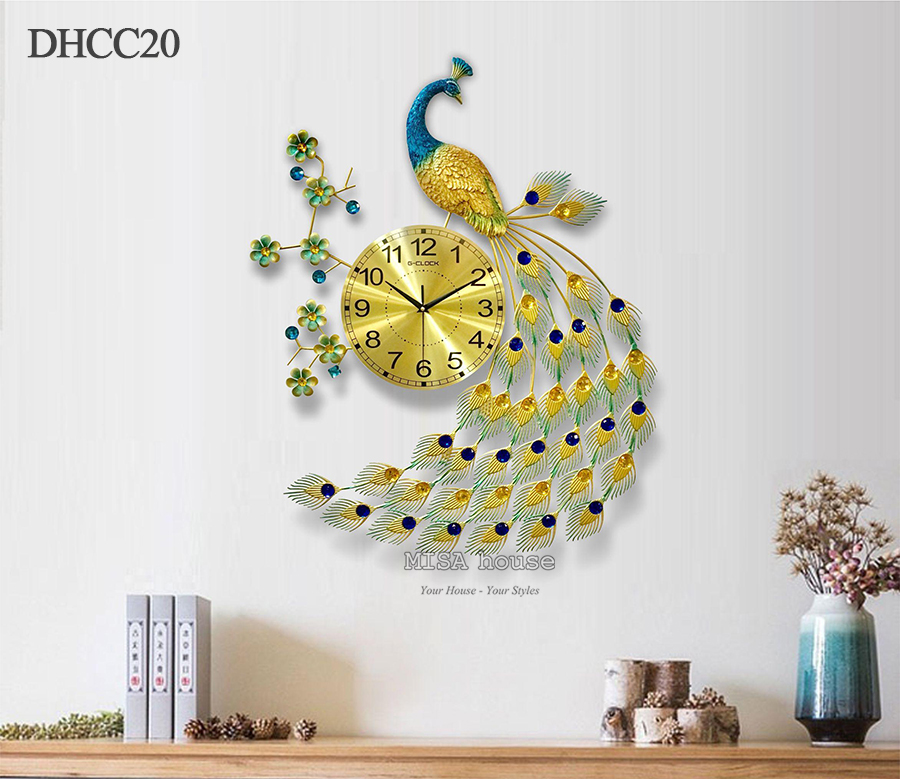 mẫu đồng hồ treo tường hình chim công đẹp kim trôi màu vàng trang trí phòng khách quà tặng tân gia nhà mới cho người thân