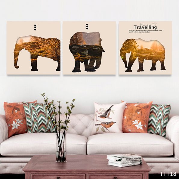 Bộ 3 tranh canvas treo trang trí – tranh nghệ thuật voi ẩn dụ rừng cây