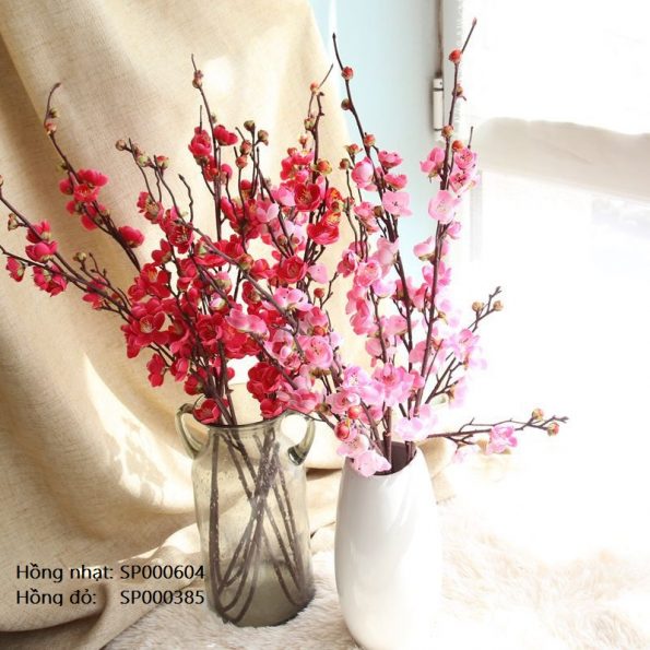Bình hoa cây Hoa đào giả đẹp trang trí ngày tết màu hồng đỏ tươi tắn may mắn