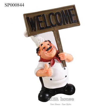 Tượng đầu bếp giơ bảng welcome
