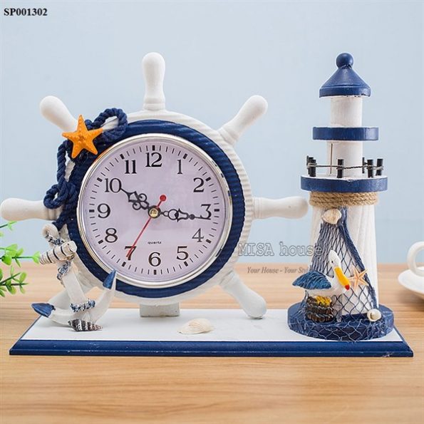 Đồng hồ để bàn decor trang trí phong cách biển kèm ngọn hải đăng