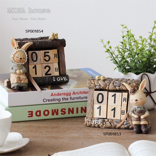 Tượng trang trí phong cách hàn quốc lịch gỗ để bàn thỏ bé trai cute