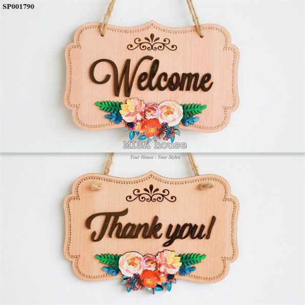 Bảng gỗ treo cửa handmade trang trí chào mừng Welcome - Thank you hai mặt tiện lợi