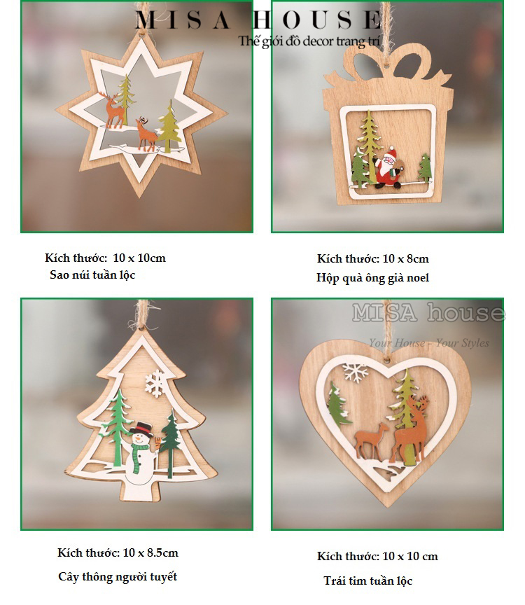 Đồ treo trang trí noel hình ông già noel người tuyết bông tuyết cây thông giáng sinh đẹp giá rẻ bằng gỗ phong cách Scandinavian 