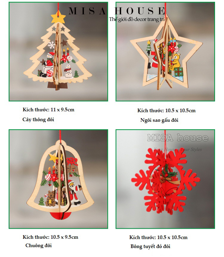 Đồ treo trang trí noel hình ông già noel người tuyết bông tuyết cây thông giáng sinh đẹp giá rẻ bằng gỗ phong cách Scandinavian 