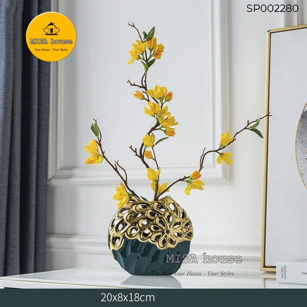 Bình hoa gốm sứ trang trí cao cấp hình hoa mai vàng may mắn nghệ thuật trang trí tủ kệ quà tặng