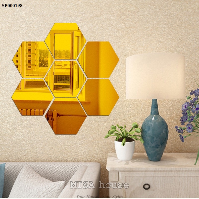 Bộ 12 miếng Gương dán tường trang trí Mica hình lục giác màu vàng hình bông hoa lục giác