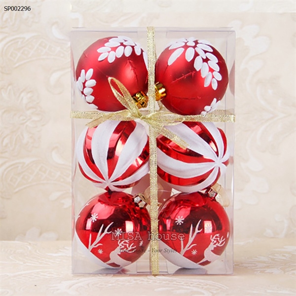 Hộp 6 trái châu kim sa màu đỏ trắng lớn 8cm trang trí cây thông noel – quả bóng tròn giáng sinh