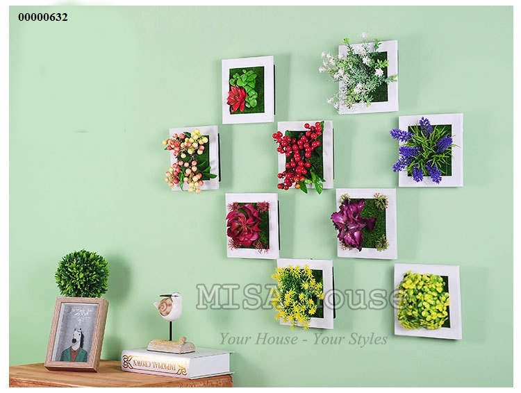 Chậu hoa treo tường trang trí giả cỏ cây xanh hoa lá nhiều màu siêu xinh decor tường Misa House