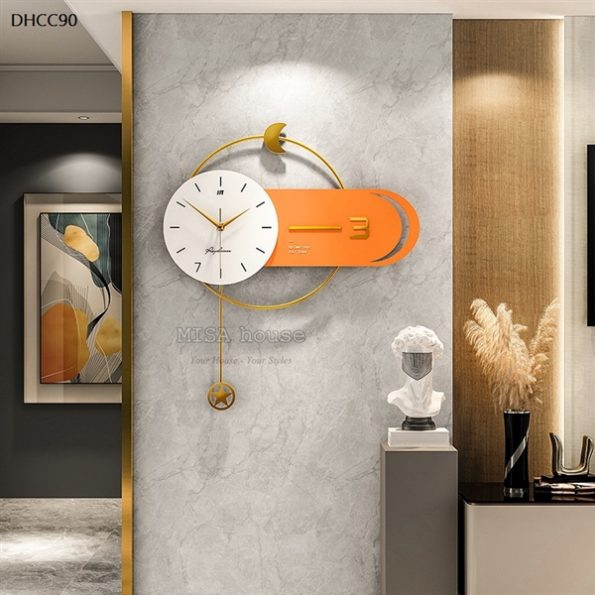 Đồng hồ treo tường trang trí mặt trăng ngôi sao quả lắc màu cam vàng pastel hiện đại decor nhẹ nhàng