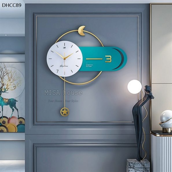 Đồng hồ treo tường trang trí kim trôi mặt trăng ngôi sao quả lắc màu xanh pastel hiện đại decor