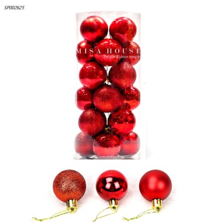Hộp 24 trái châu trang trí noel màu đỏ size 6cm - quả bóng tròn giáng sinh treo cây thông noel