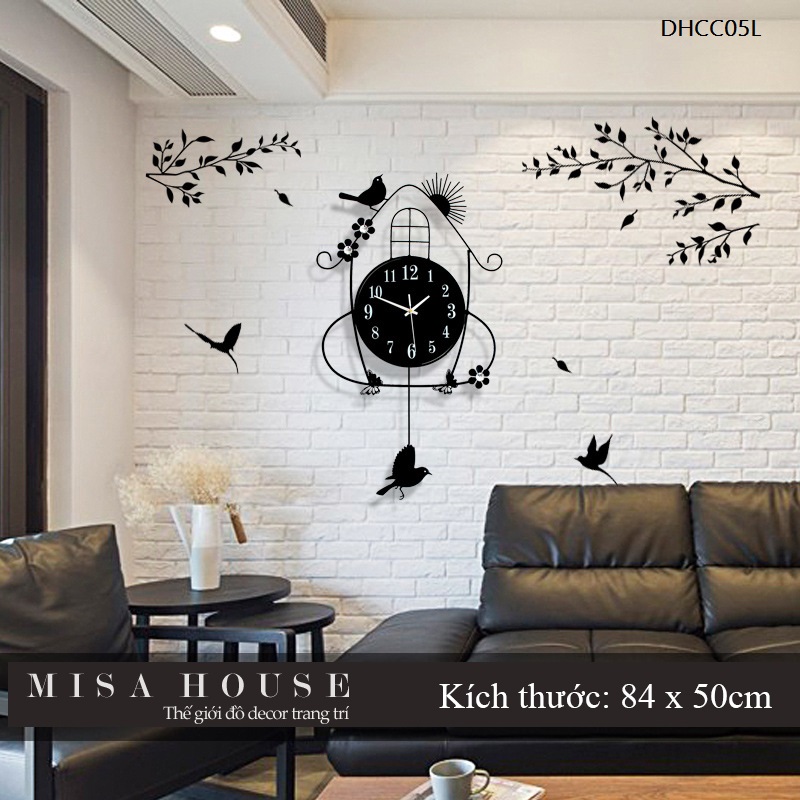 Đồng hồ treo tường đẹp kim trôi màu đen chim sẻ quả lắc tối giản hiện đại decor trang trí
