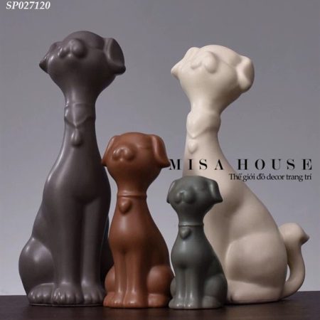 Tượng gốm sứ trang trí tủ kệ gia đình 4 chú chó phong cách tối giản Nordic đẹp độc lạ
