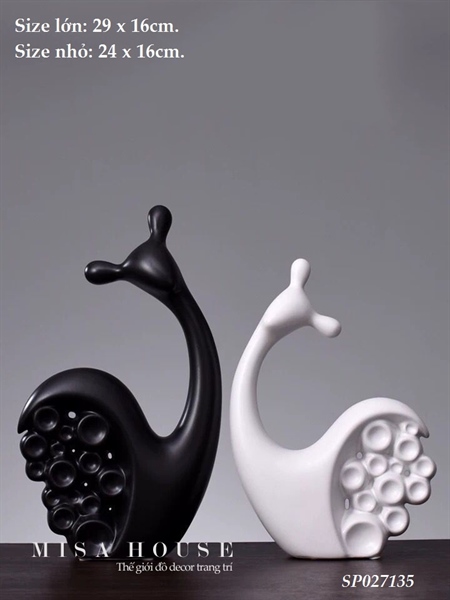 Tượng gốm sứ hiện đại bộ 2 ốc sên màu trắng đen trang trí phong cách tối giản Nordic đẹp độc lạ