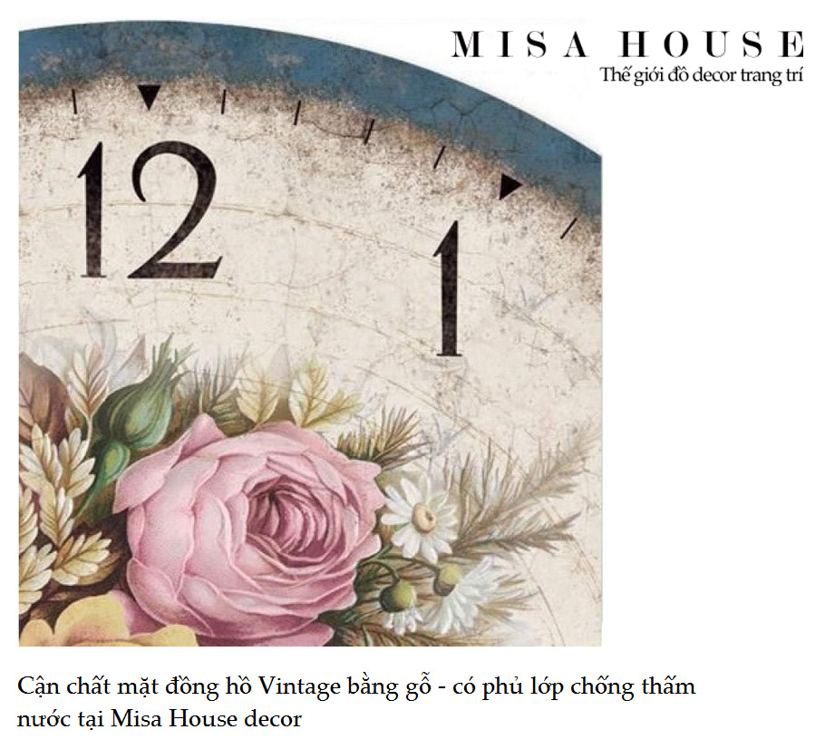 Cận cảnh mẫu Đồng hồ treo tường vintage Home hoa mẫu đơn màu xanh pastel đẹp độc lạ cổ điển