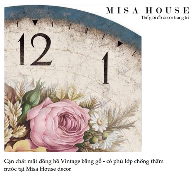 Đồng hồ treo tường Home hoa mẫu đơn 30cm xanh nhạt phong cách vintage cổ điển