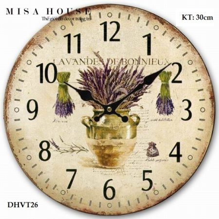 Đồng hồ treo tường bình hoa oải hương 30cm phong cách vintage cổ điển