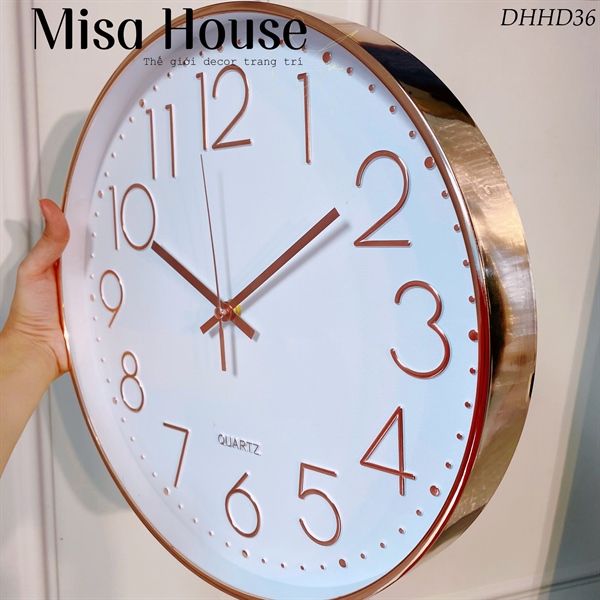 Đồng hồ treo tường tròn hiện đại màu trắng số hồng kim trôi 35cm