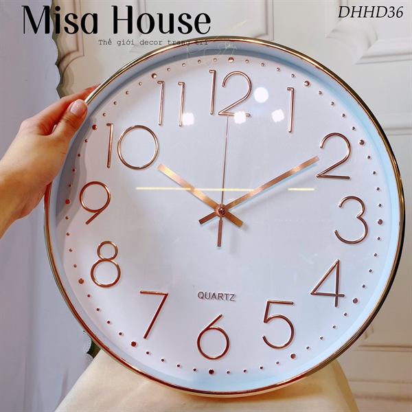 Đồng hồ treo tường tròn hiện đại màu trắng số hồng kim trôi 35cm