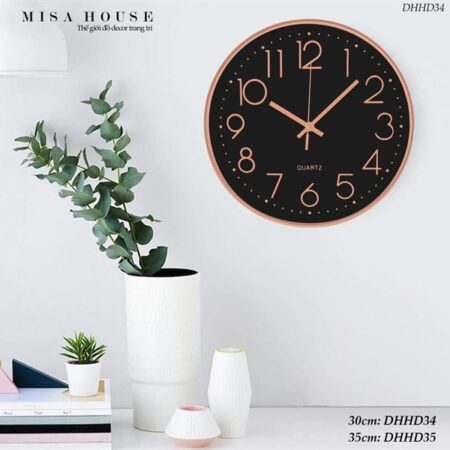 Đồng hồ treo tường tròn hiện đại màu đen số hồng kim trôi 35cm