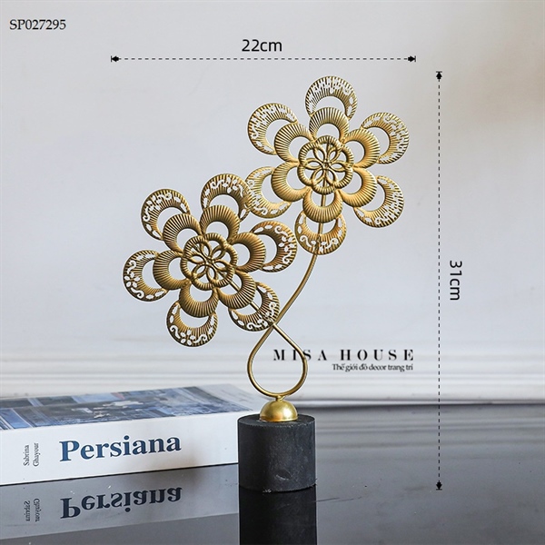 Tượng trang trí decor đơn giản hiện đại hoa trà – lá cọ monstera sắt 2 nhánh màu vàng đế đen trang trí tủ kệ