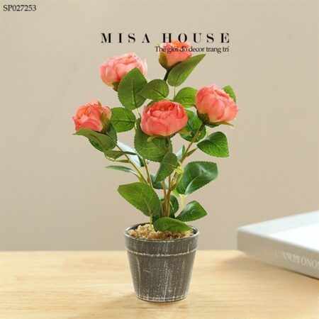 Bình hoa cắm sẵn hoa hồng trà my retro hoa vải decor trang trí