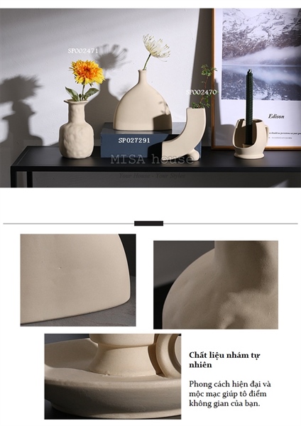 Bình hoa decor hiện đại cổ túm thân trụ màu vàng đất nghệ thuật tượng gốm sứ trừu tượng phong cách Bắc Âu