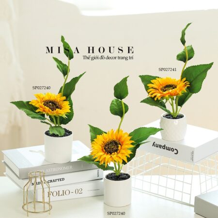Bình hoa cắm sẵn đẹp giá rẻ hoa mặt trời giả sứ trắng trơn - hoa hướng dương vàng
