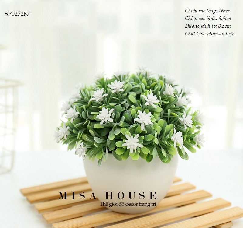 Chậu cây giả hoa bi nhựa màu trắng decor trang trí – cây giả để bàn decor tủ kệ