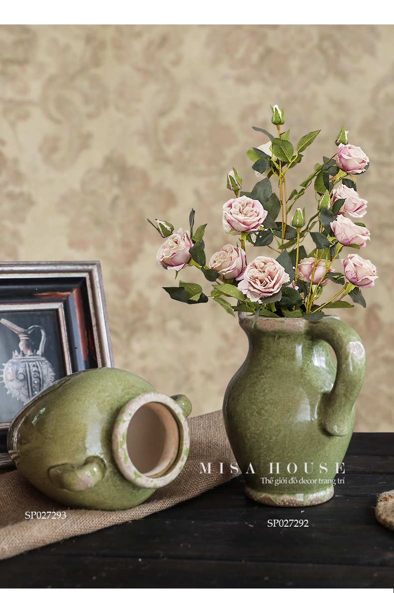 Bình hoa xanh lá cổ điển nứt vẽ tay cầm sứ tráng men retro nghệ thuật