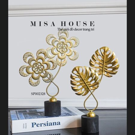 Tượng trang trí decor đơn giản hiện đại hoa trà - lá cọ monstera sắt 2 nhánh màu vàng đế đen trang trí tủ kệ