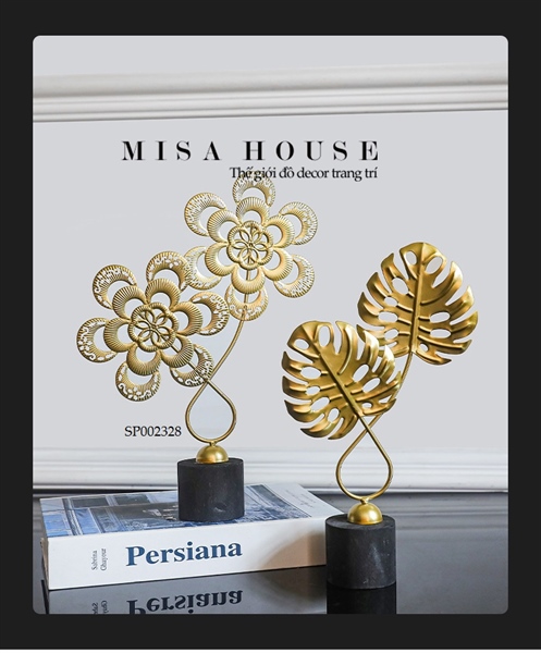 Tượng trang trí decor đơn giản hiện đại hoa trà – lá cọ monstera sắt 2 nhánh màu vàng đế đen trang trí tủ kệ
