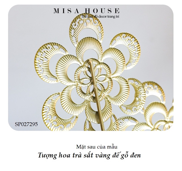 Tượng trang trí decor đơn giản hiện đại hoa trà – lá cọ monstera sắt 2 nhánh màu vàng đế đen trang trí tủ kệ