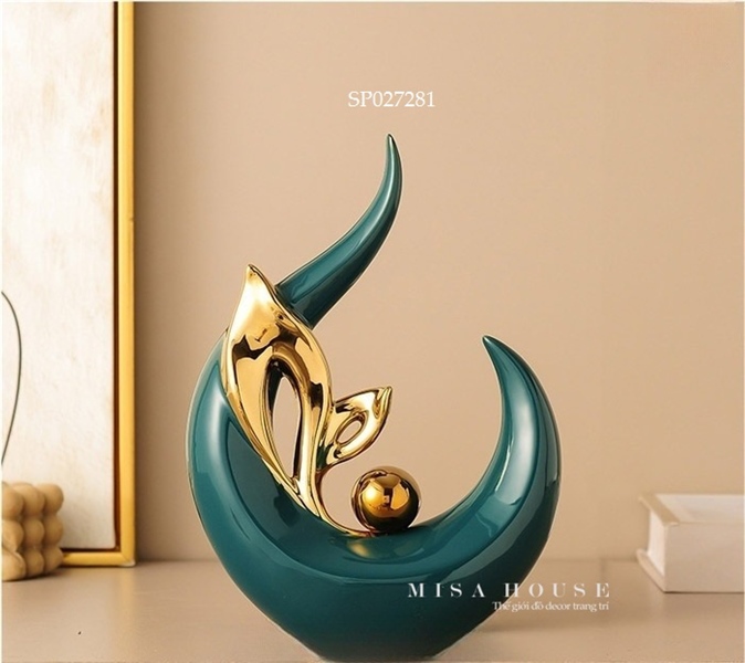 Mẫu tượng gốm sứ trang trí cá voi ngọc may mắn màu xanh ngọc viền vàng decor trang trí