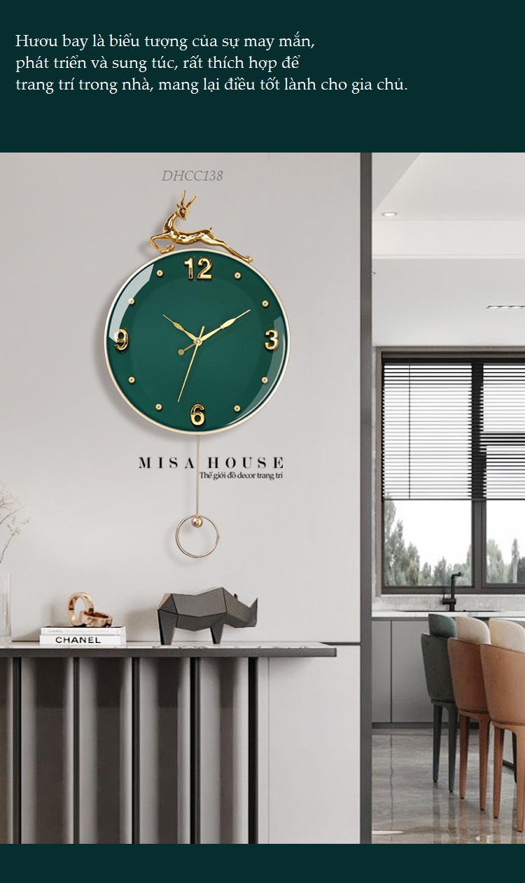 Đồng hồ treo tường đẹp hươu bay màu xanh ngọc kim trôi hiện đại!!2215840229531-0-cib