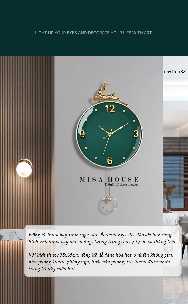 Đồng hồ treo tường đẹp hươu bay màu xanh ngọc kim trôi hiện đại!!2215840229531-0-cib