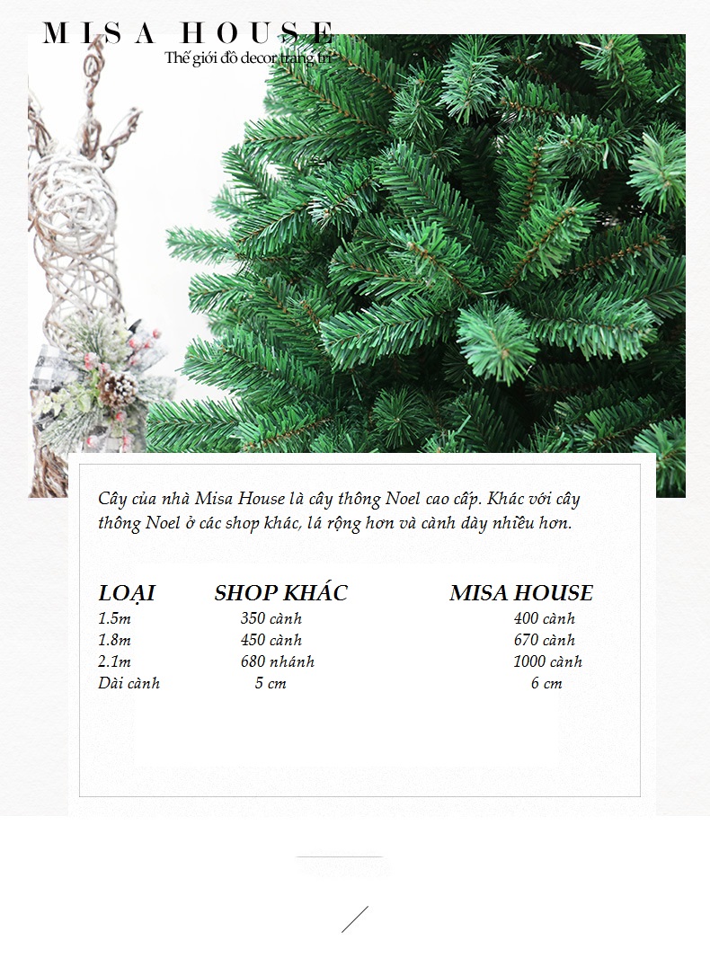 Cây thông noel cao cấp cao 1m5 1m8 2m1 decor trang trí giáng sinh loại nhiều nhánh lá dài