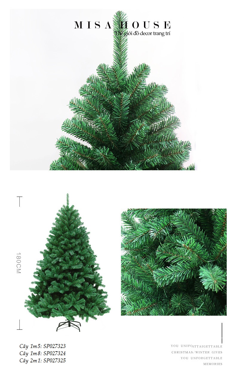 Cây thông noel cao cấp cao 1m5 1m8 2m1 decor trang trí giáng sinh loại nhiều nhánh lá dài