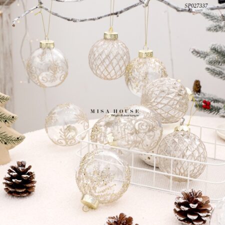Hộp 9 trái châu noel lớn 8cm trong suốt vàng sâm panh kim tuyến sang trọng - quả bóng tròn trang trí giáng sinh