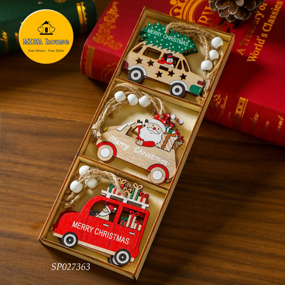 Hộp gỗ 9 miếng xe giáng sinh ông già Noel trang trí cây thông nhiều màu