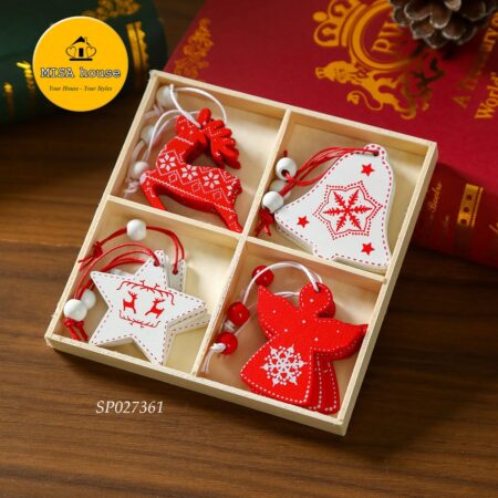 Hộp gỗ 12 miếng tuần lộc chuông sao trang trí Noel màu trắng đỏ