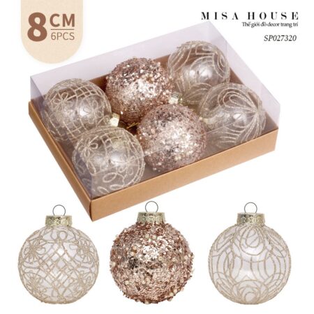 Hộp 6 trái châu noel lớn 8cm trong suốt vàng sâm panh kim tuyến sang trọng - quả bóng tròn trang trí giáng sinh