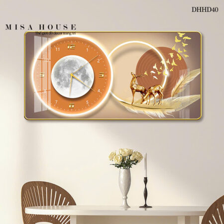 Tranh đồng hồ treo tường hươu vàng mặt trăng hiện đại tráng gương decor trang trí phòng khách quà tặng tân gia