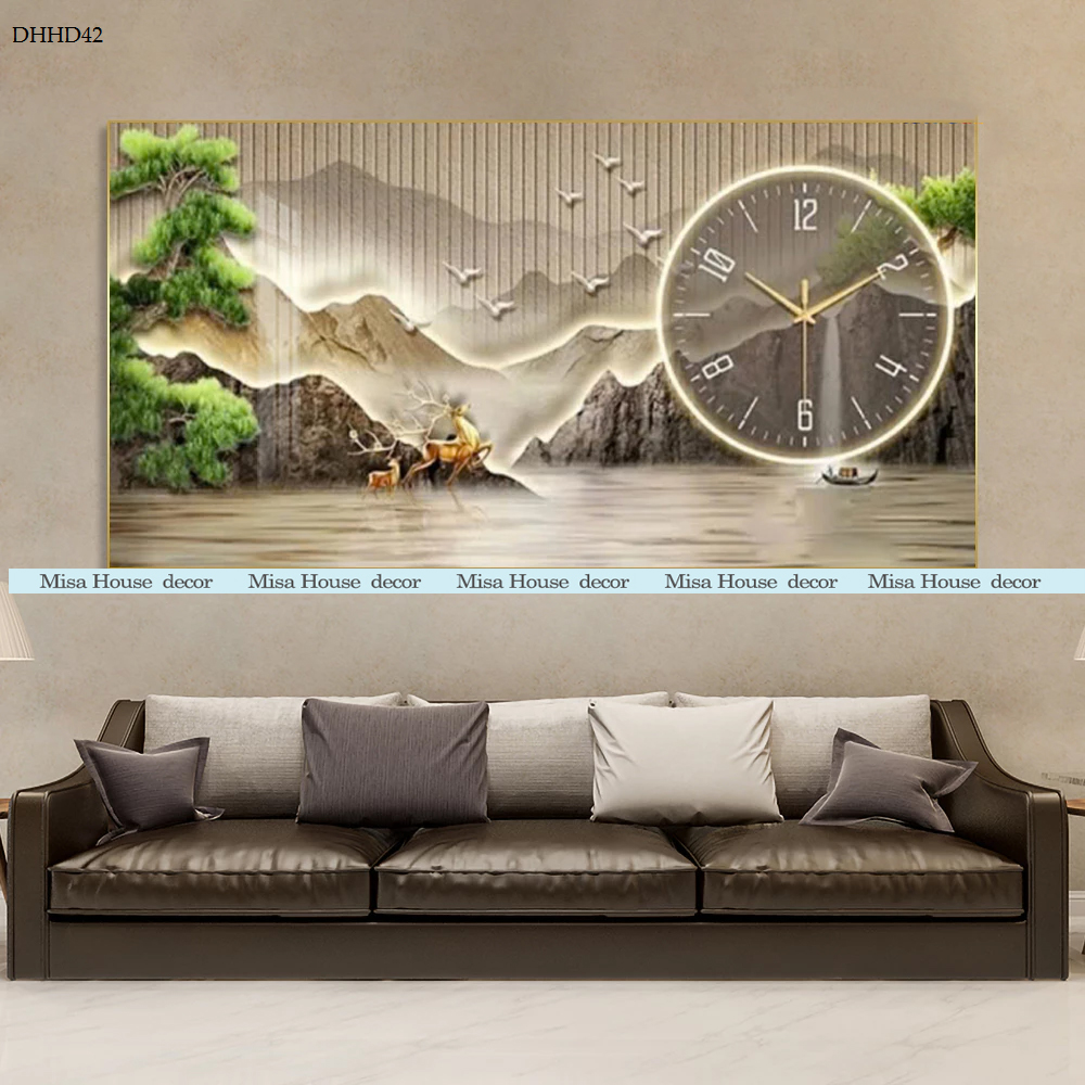 Đồng hồ treo tường đẹp hình chữ nhật kim trôi tráng gương hươu xám sơn thủy phong thủy chạy trên mặt hồ size 40x80cm